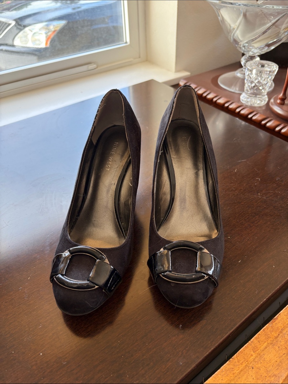Nine West Black Suede Pumps with Patent Buckle